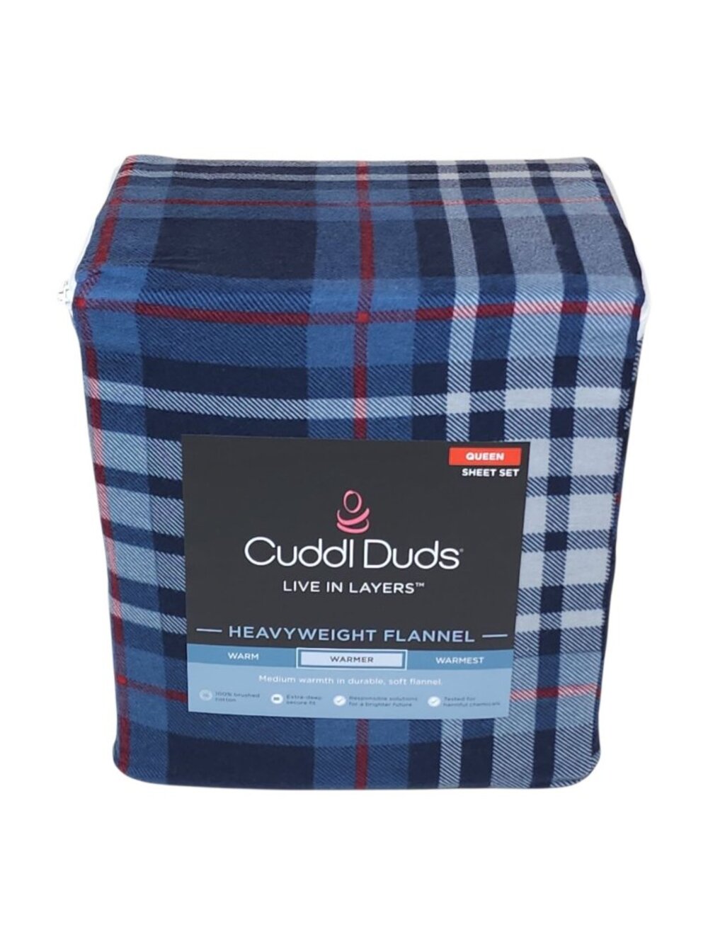 Cuddl Duds Queen Heavyweight Flannel Sheet Set Blue Plaid Soft Brushed Cotton